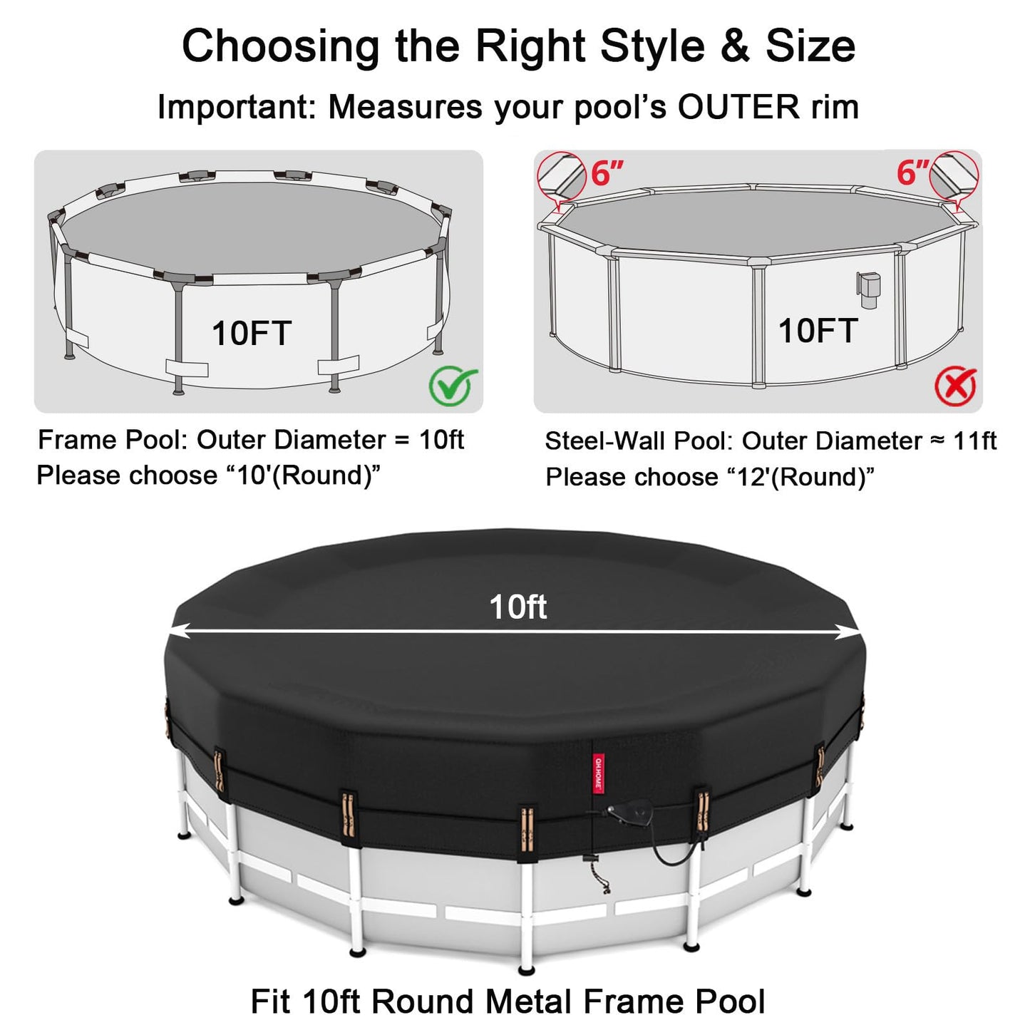 QH.HOME 10ft Round Pool Cover,[Ultimate Windproof & Tear-Resistant Fabric],Snug Fit with Patented Ratchet & Weight Rings,Solar Cover for Above Ground Pools, Blocks Leaves &Waterproof