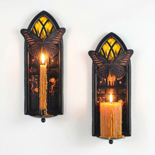AimtoHome Gothic Wall Candle Sconces Set of 2, Butterfly and Moon Iron Wall Mounted Candelabra Holder with Removable Trays for Taper & Pillar Candles, Romantic Garden & Boho Home Decor