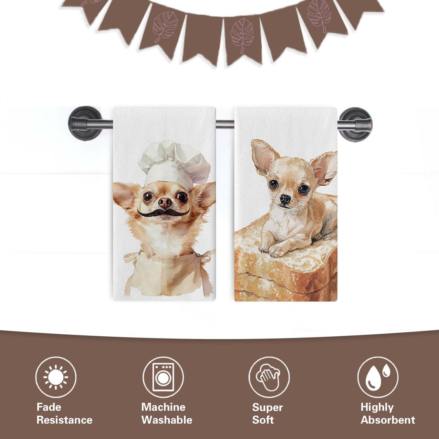 Croar Funny Chef Chihuahua Dog Kitchen Dish Towels Set of 2, Bread Bakery Restaurant Dinner Room Drying Hand Towel Baking Cooking Cloth, Pet Dog Owner Lover Gifts Home Decoration 18'' x 26''