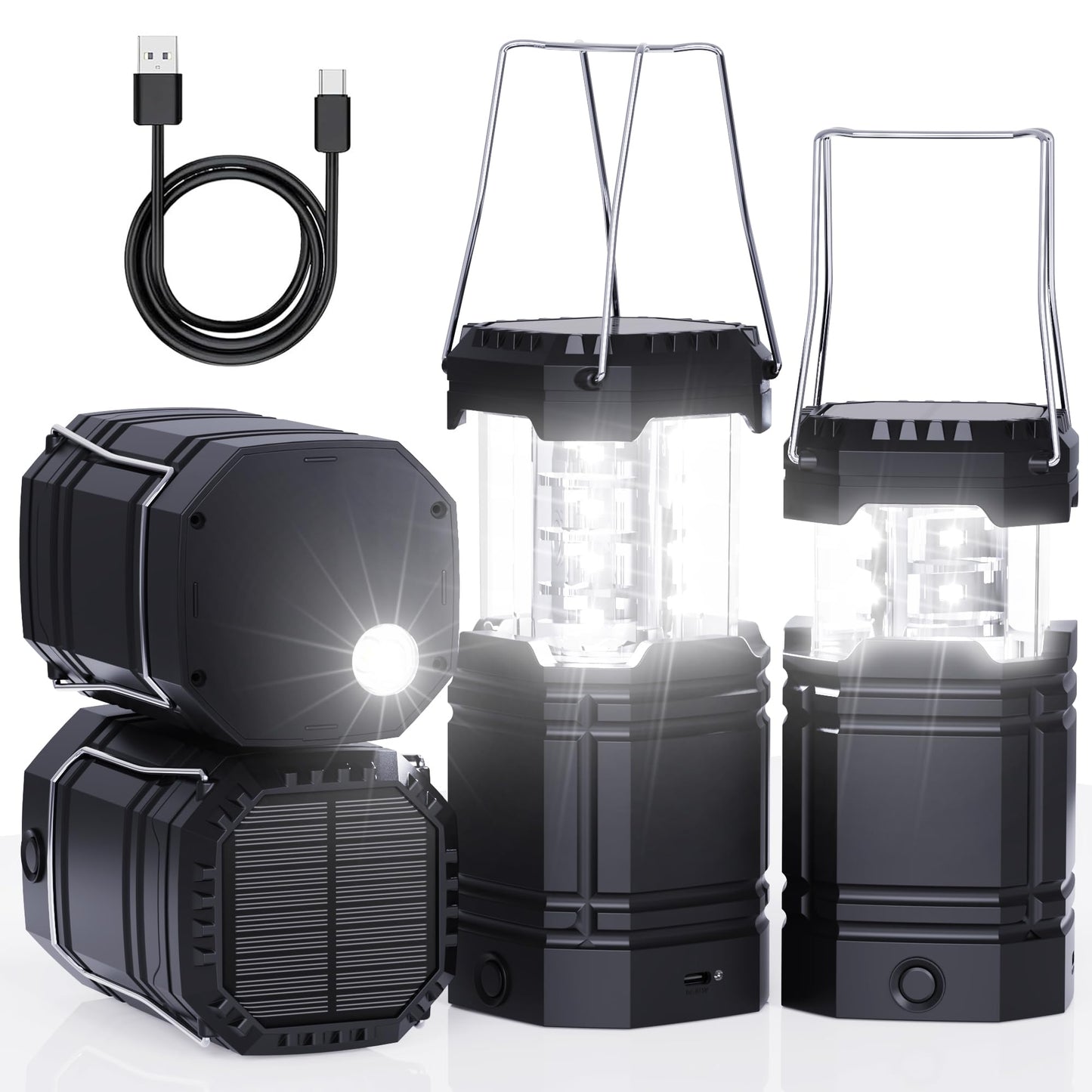 4 Pack Rechargeable Emergency Lanterns for Power Outages, USB-C & Solar Backup, Lantern Flashlight Combo, 1600mAh, 30H Runtime, Compact Hanging Lights for Camping Tent