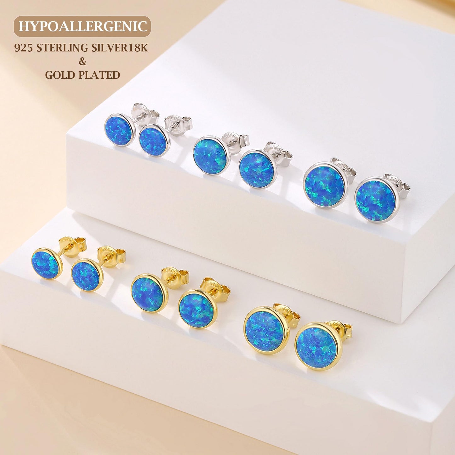 JiayangJY Silver Blue Fire Opal Stud Earrings for Women 18K Yellow Gold Plated Sterling Silver Round Shape 7mm Opal Earrings with Push Back
