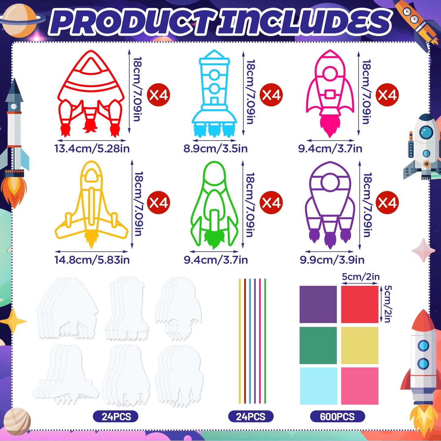 Peconal 24 Sets Rocket Suncatchers Craft Kit DIY Space Rocket Themed Stained Glass Effect Window Tissue Paper Art Hanging Decor for Boys Girls Birthday Gifts Unique Designs Bulk Party Favors Supplies