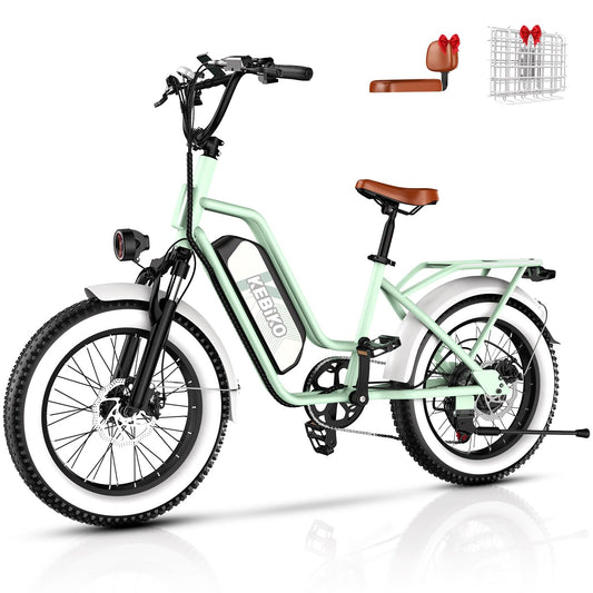 2 Seater Electric Bike, 1300W Peak (750W) Motor Ebike, 48V 20AH Removable Battery, 20"x 4.0" Fat Tire Electric Bike, Commuter Electric Bicycle for Adults,with Folding Basket, Green