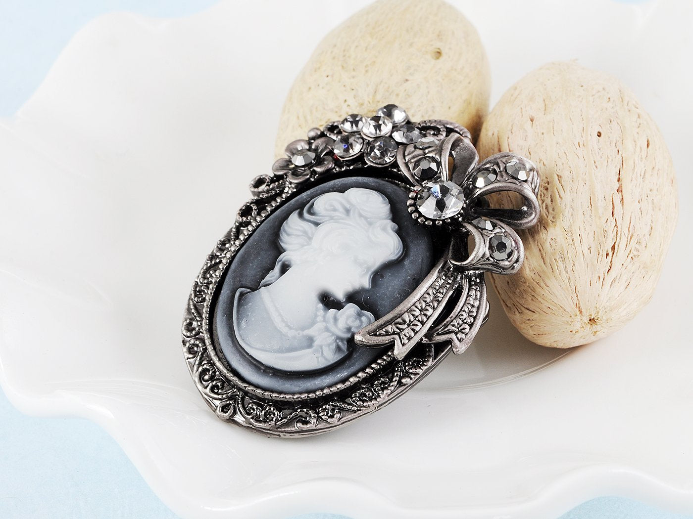 Alilang Vintage Inspired Crystal Rhinestone Victorian Lady Cameo Brooch Pin Maiden Flower Ribbon Bow Pendant Grey