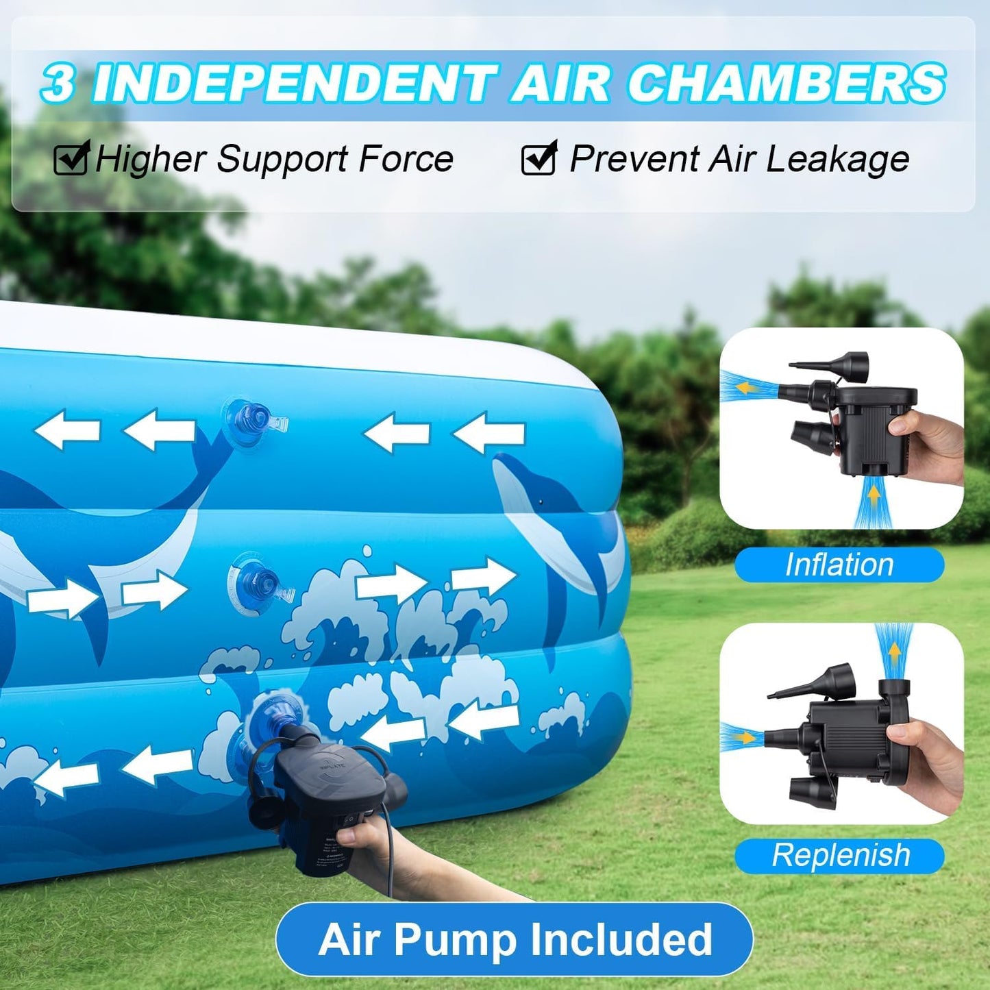 Large Inflatable Pool for Adults Kids, 130" X 72" X 22" Blow-up Pools Inflatable Swimming Pool with Pump, 2026 Oversized Thickened Family Inflatable Kiddie Pool for Backyard Garden Summer Outdoor