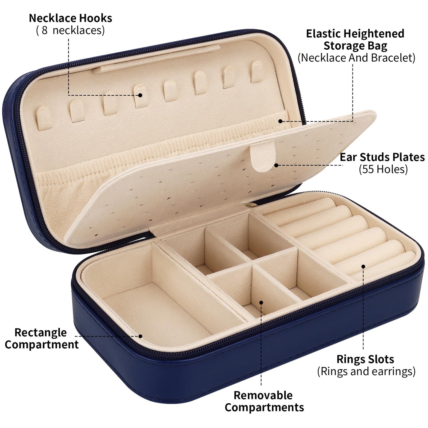 DesignSter Travel Jewelry Box, PU Leather Portable Jewelry Case, Small Jewelry Boxes for Gifts, Travel Jewelry Organizer for Women Rings Earrings Necklaces Bracelets (Dark Blue)