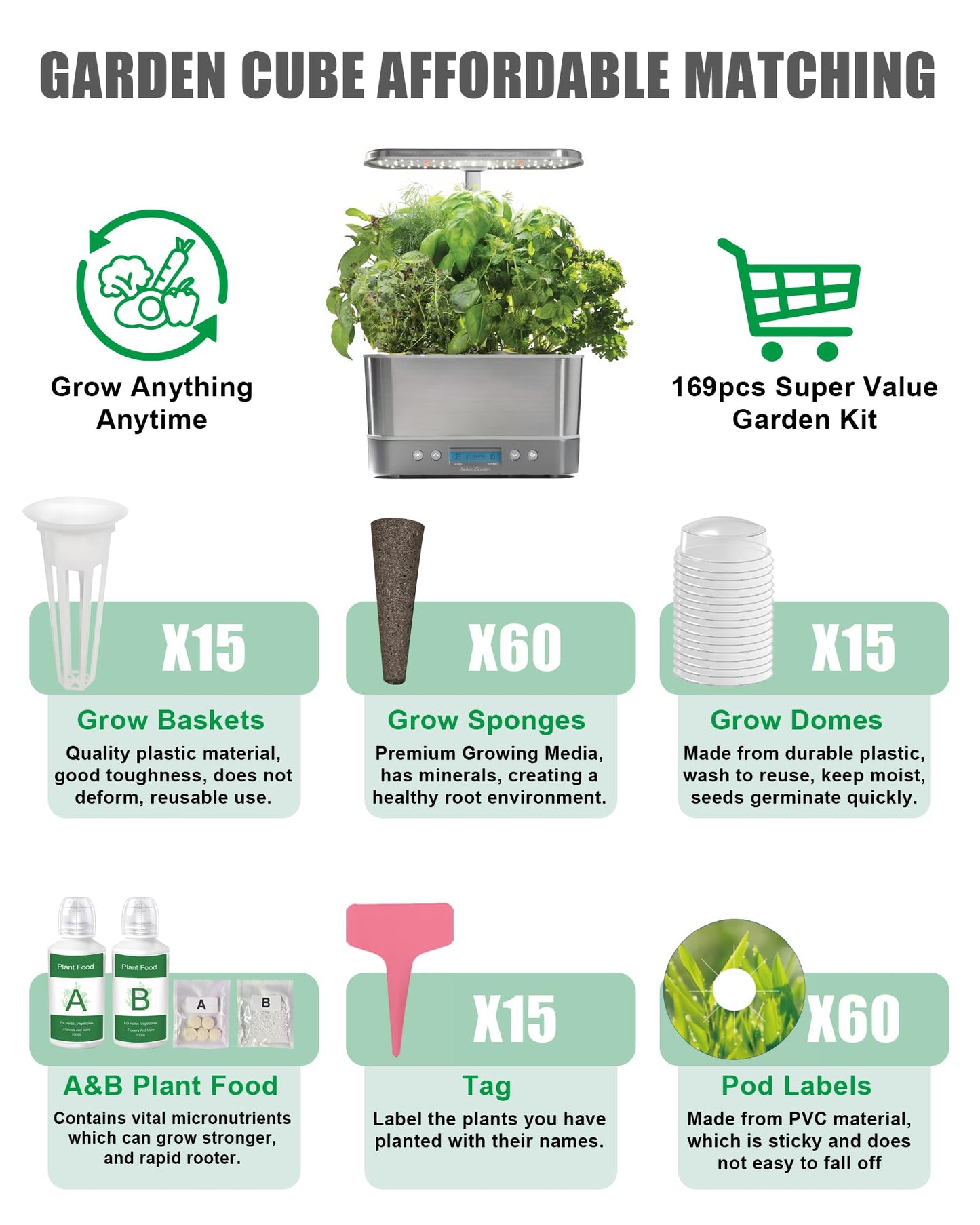 167 Pcs Hydroponic Seed Pods Kit Supplies for Aerogarden Pods,60 Grow Sponges,15 Grow Baskets,15 Grow Domes,60 Pod Labels,15 Labels,2 A&B Plant Food - Hydroponic Supplies Compatible with Most Brands