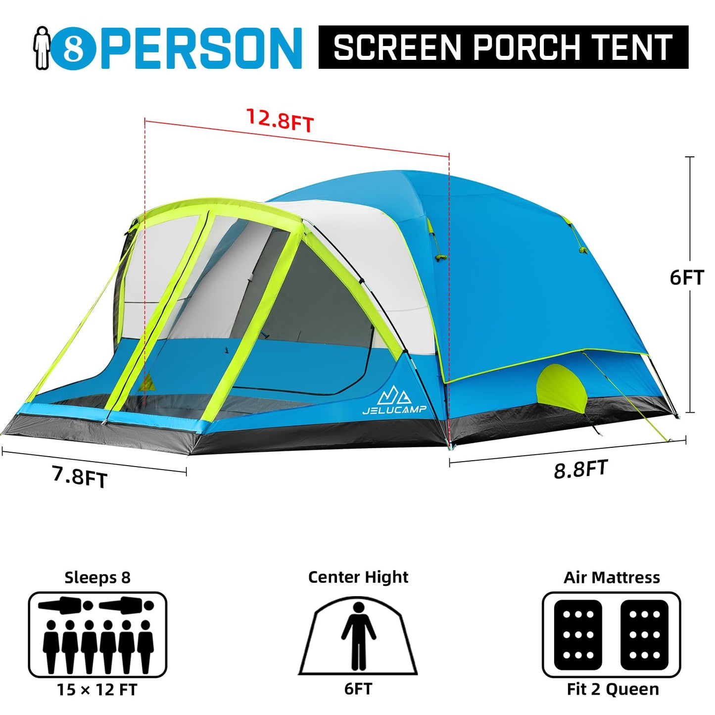 JELUCAMP 6/8 Person Large Waterproof Family Tents for Camping, Screened Camping Tent with Screen Porch, Bug-Free Relaxation & Easy Setup, Includes Rainfly & Carry Bag, Blue