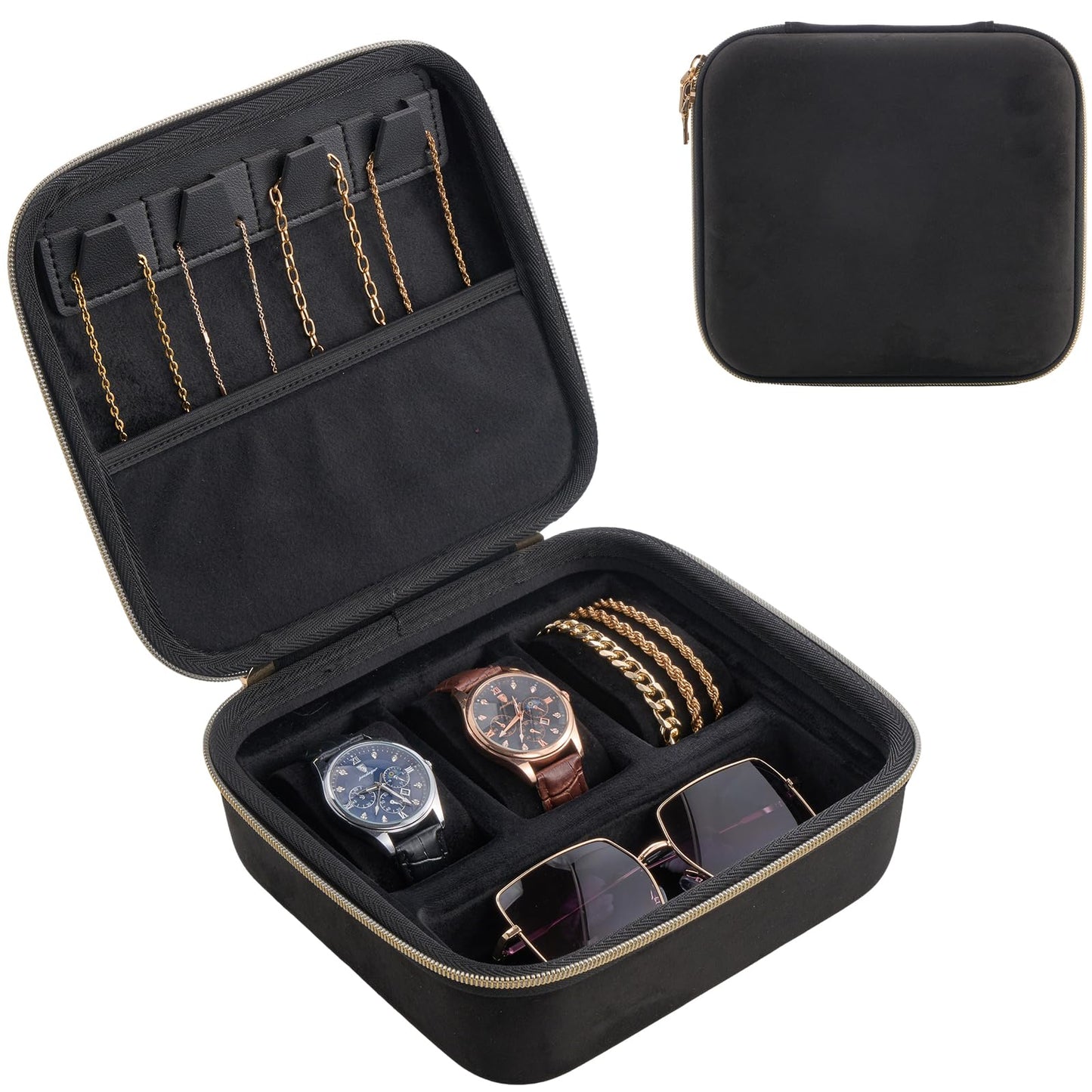 ProCase Mens Small Jewelry Storage Case, 3 Slots Travel Watch Accessories Carrying Box, Glasses Necklaces Rings Bracelets Zippered Organizer Bag for Male -Black