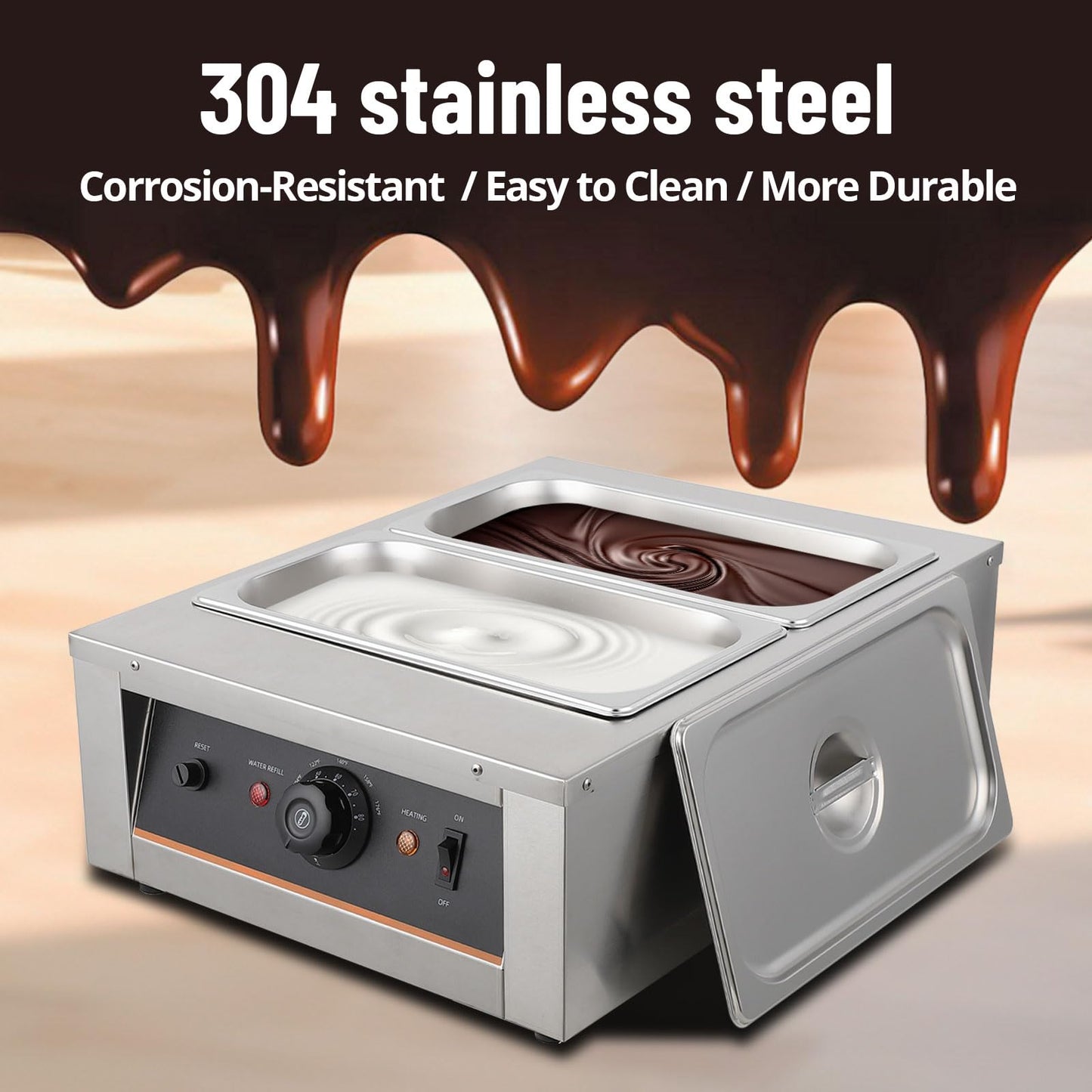 Chocolate Tempering Machine,4.12 QT*2 Stainless Steel Double Boiler Melter with Adjustable Knob (32-176°F), 800W Commercial Chocolate Warmer for Melting Candy, Cheese, Fondue, Home Bakery，