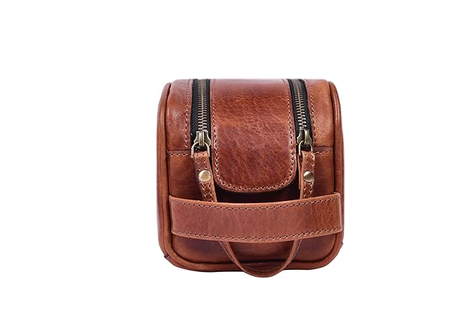 10" Premium Leather Toiletry Travel Pouch With Waterproof Lining | King-Size Handcrafted Vintage Dopp kit By Aaron Leather Goods (Buckthrown Brown)