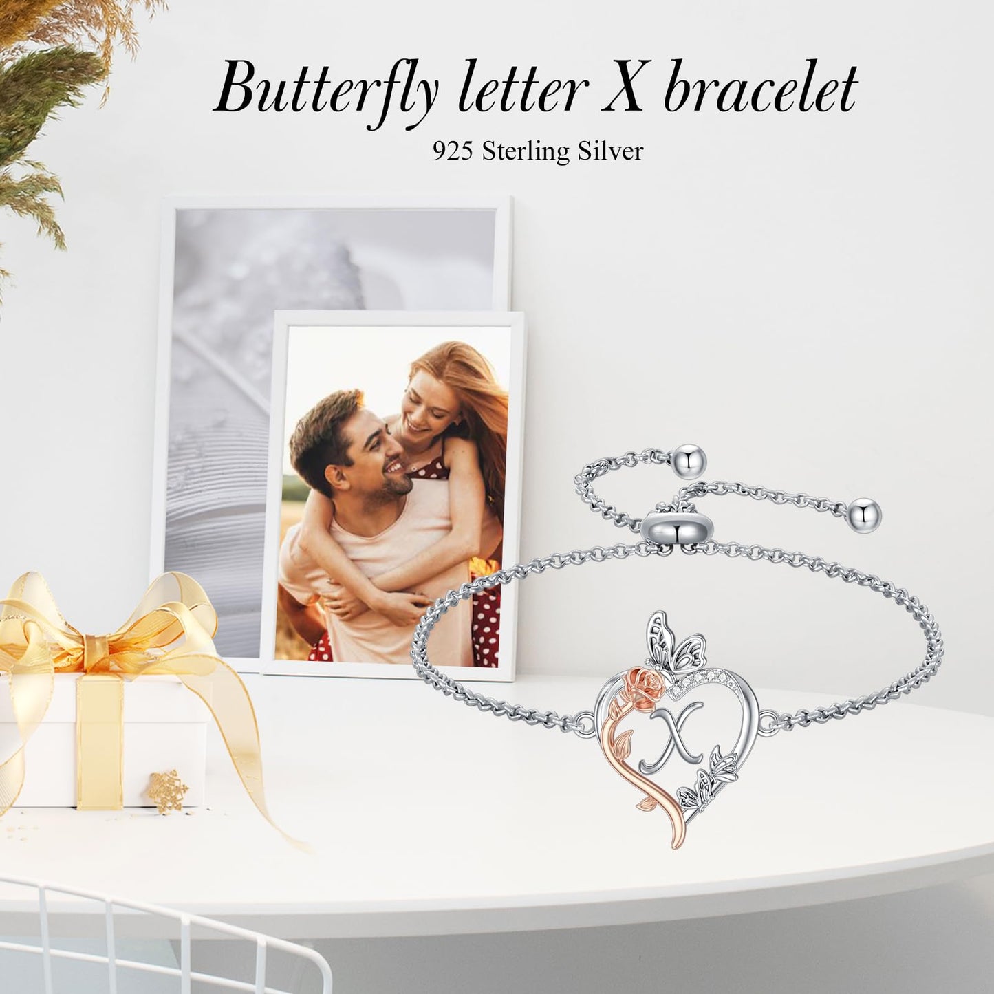 TOUPOP Rose Heart Bracelet for Women Sterling Silver Heart Initial X Letter Bracelet Butterfly Love Jewelry Anniversary Birthday Mothers Day Gifts for Mom Wife Her Girlfriend