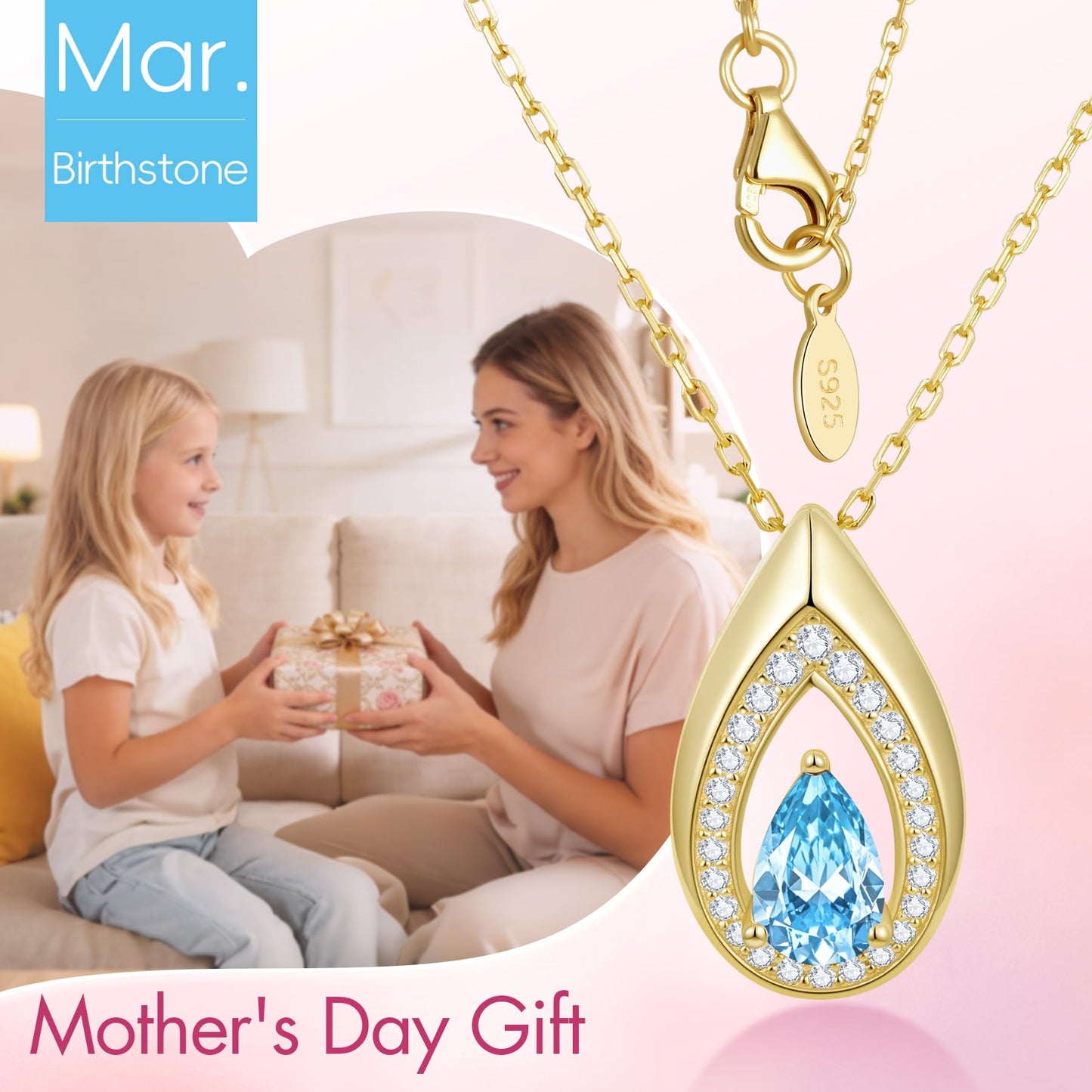 Kstyle 14k Gold Aquamarine March Birthstone Pendant Necklaces for Women Valentine's Day Birthday Gift Anniversary Jewelry for Wife Daughter Grandma Mom Sister Non Tarnish