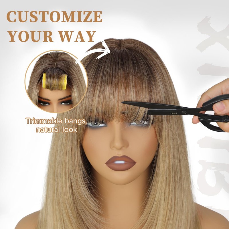 XIXIBI Blonde Wig with Bangs, Long Ombre Blonde Layered Wigs for Women, 4x4 Realistic Scalp with Free Parting, Realistic Heat Resistant Synthetic Wigs for Daily Party Cosplay Use 26Inch