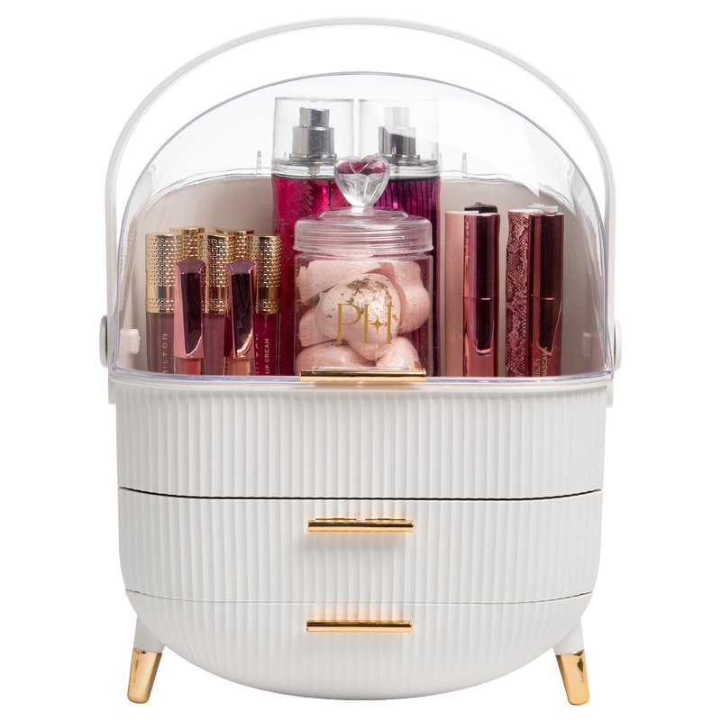 Paris Hilton Makeup Storage Organizer with Lid, Cosmetics and Skincare Organizer for Vanity, Portable Makeup Storage Box for Countertop, Fluted Design with Gold Accents, White