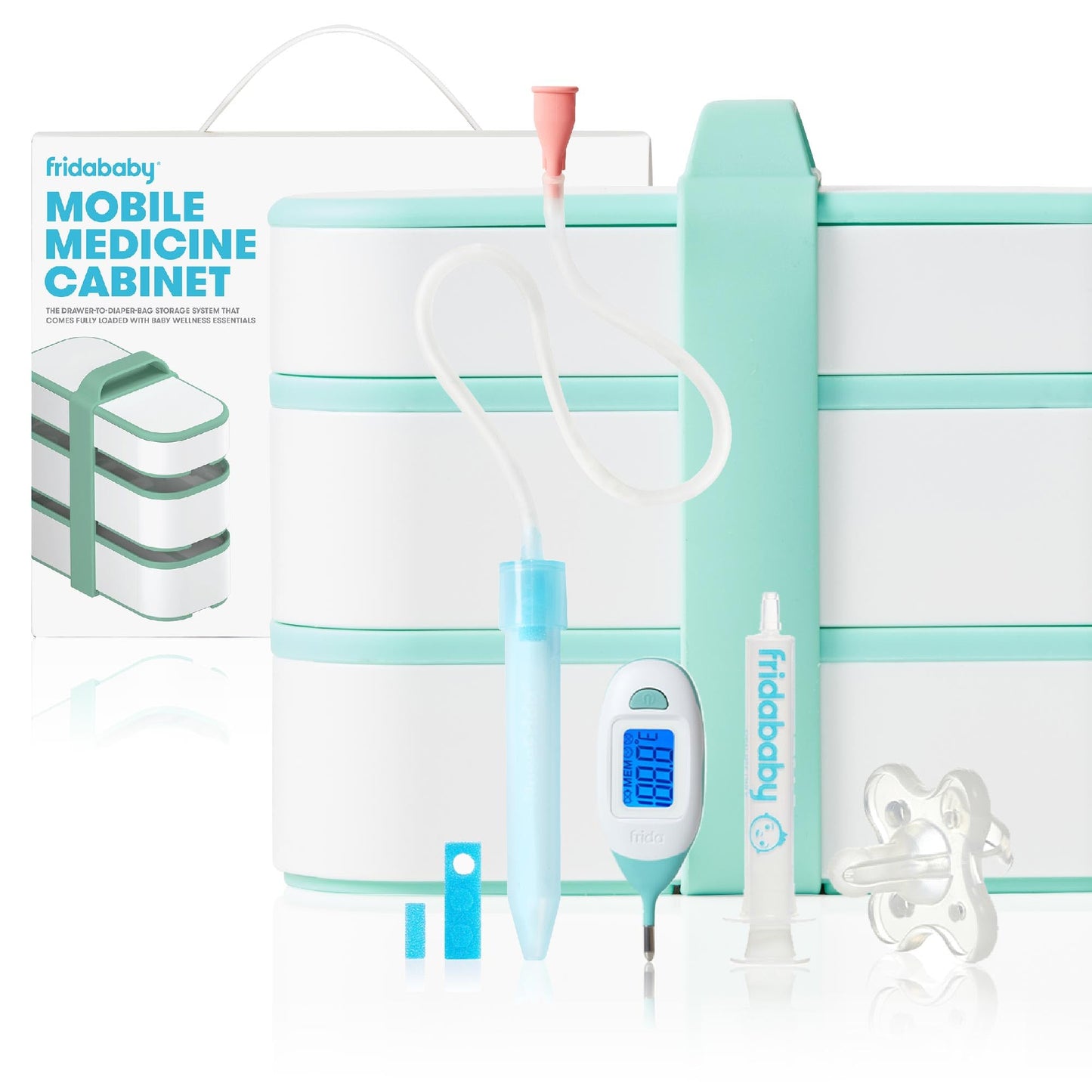 Frida Baby Mobile Medicine Cabinet Travel Kit, Set Baby Essentials Gift Set Includes NoseFrida Snotsucker, Rectal Thermometer, MediFrida Medicine Dispenser with Portable Carrying Case