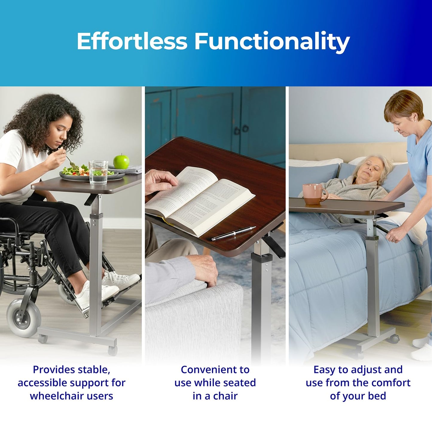 Invacare Bed Table, Height Adjustable & Tilting Overbed Table, Hospital Bedside Table, Medical Rolling Desk with Wheels, Waterproof Medical and Home Use L-Shaped Steel Base Over Bed Tray Table
