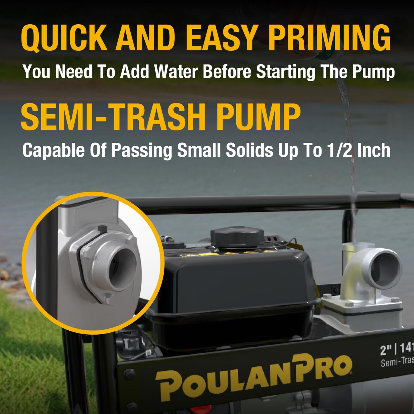 Poulan Pro Semi Trash Pump 2-Inch with Hose Kit, 50ft Discharge Hose, 12ft Suction Hose, 100ft Lift, 23ft Suction Gas Powered Water Pump with Wheels & Handle for Pond, Sewage, and Pool