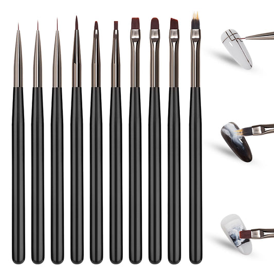 Wokoto Black Nail Art Brushes Set: 10pcs Acrylic Nail Brushes For Painting Tools - Gel, Polish & Dotting Pen