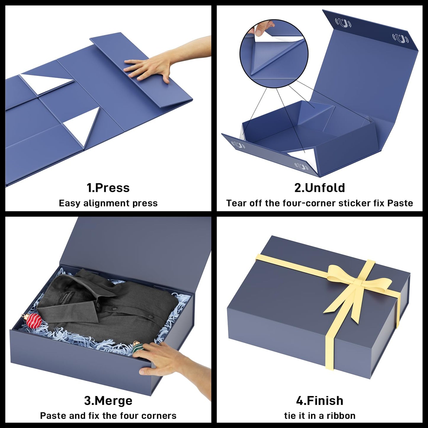 PSHVYM Gift Boxes with Lids, 11.5x7.8x3 In Gentleman Blue Gift Box for Presents Magnetic Closure for T-Shirts, Gloves, Scarves, Books, Baby Clothes, Clothing Gift Wrap, Contains Card, Ribbon (5PACK)