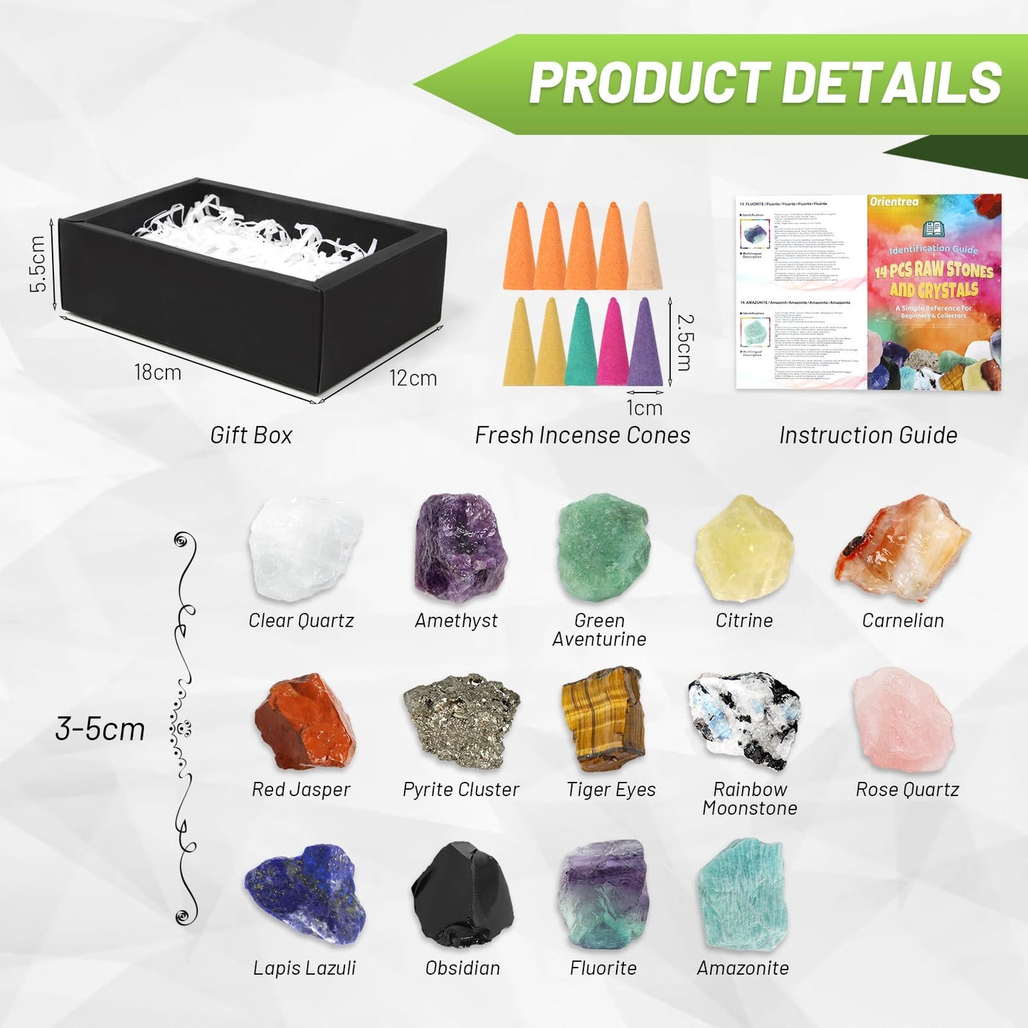 Orientrea 14Pcs Large Natural Rough Crystals and Healing Stones with Cone Incense & Guide – Raw Healing Crystals, Chakra Crystal Set for Tumbling, Decoration, Wire Wrapping, Wicca, Reiki, Meditation