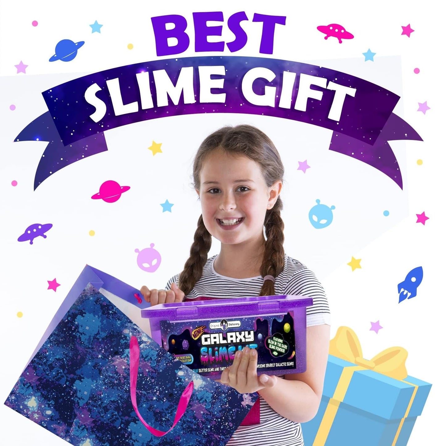Original Stationery Galaxy Slime Kit for Kids Ages 8–12, DIY Space Slime Set with Glow-in-The-Dark Stickers & Galactic Glitter, Fun Cosmic Craft for Creative Play, Birthday Gift for Boys & Girls