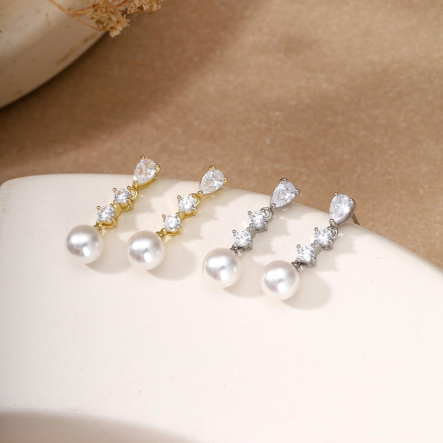 Pearl Earrings for Women Dainty Diamond Flower Earrings 14k Gold Plated Dangle Earrings for Women Weddings Gifts Bridesmaid Gifts