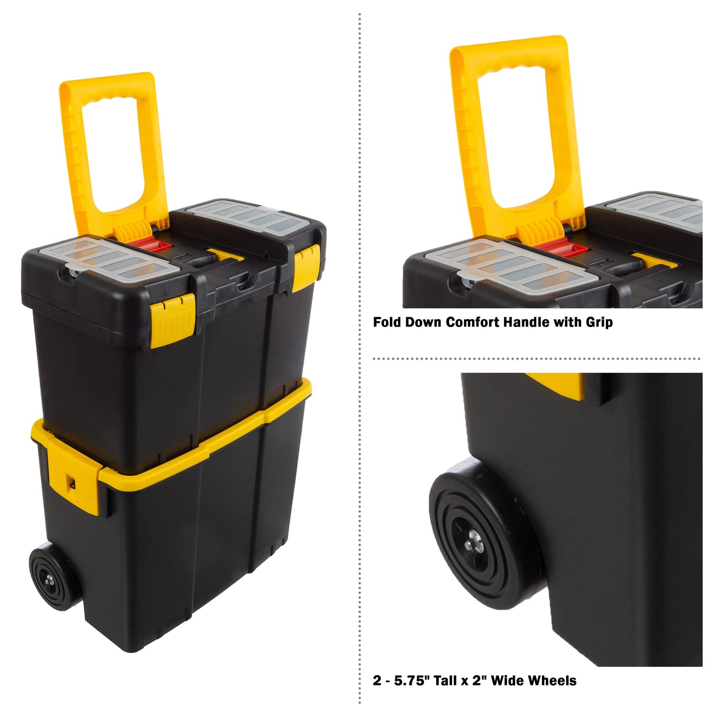 Portable Tool Box with Wheels - Stackable 2-in-1 Tool Chest with Fold-Down Comfort Handles, Tough Latches, and Removable Storage Trays by Stalwart