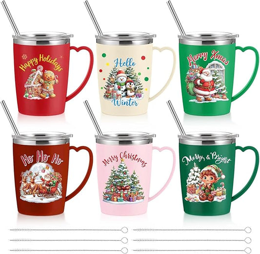 Maxcheck 6 Pcs Christmas Coffee Mugs Cups 16 oz Merry Christmas Stainless Steel Insulated Tumblers Bulk with Handle Lid Straw Brushes Red Green Xmas Tree Santa Claus Mug Gifts for Winter Holiday Party