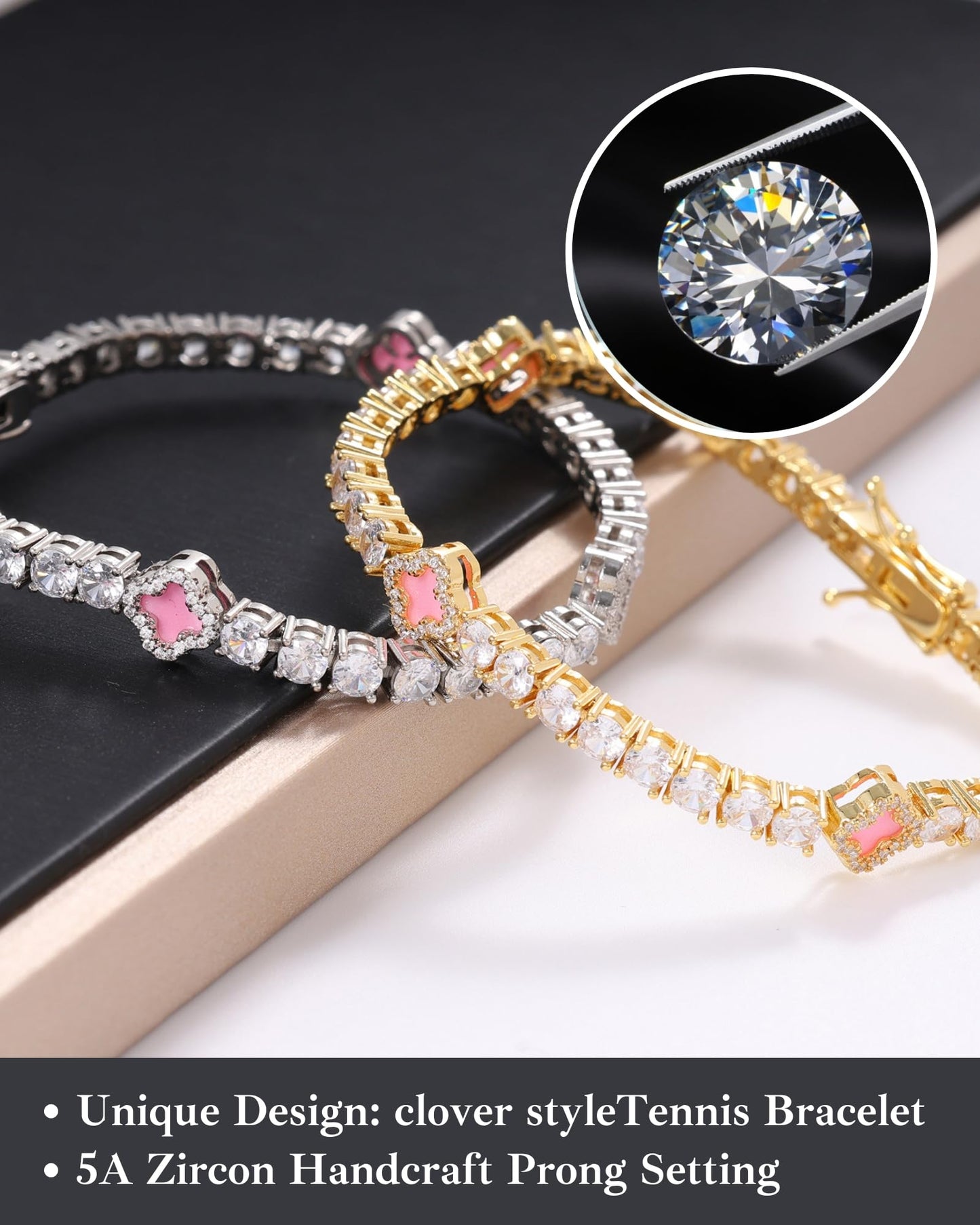 LuxeFlex 4mm Iced Out Clover Tennis Bracelet, White Gold Plated with 5A Zircon Stones, Handmade exquisite Hip Hop Jewelry, Perfect Unisex Gift (White Gold-Pink,7)
