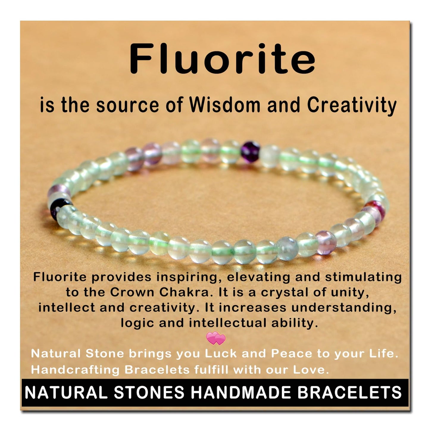 AD Beads Handmade Gemstone Stretch Elastic Bracelet Crystal Healing Reiki Nature's Beauty and Spiritual Essence Unisex (4mm, Fluorite)