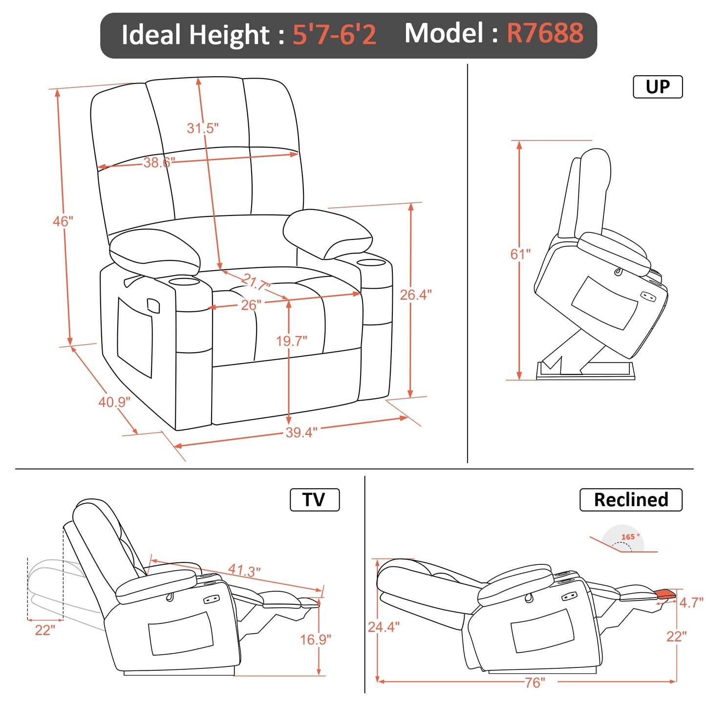 MCombo Oversized Dual Motor Power Lift Recliner Chair Sofa with Massage and Heat for Big Elderly People, Infinite Position, USB Ports, Faux Leather R7688 (Dark Brown, Large-Oversize)