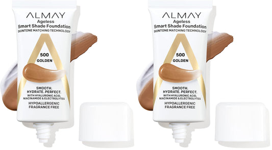 Almay Anti-Aging Foundation, Smart Shade Face Makeup with Hyaluronic Acid, Niacinamide, Vitamin C & E, Hypoallergenic-Fragrance Free, 500 Golden, 1 Fl Oz (Pack of 2)