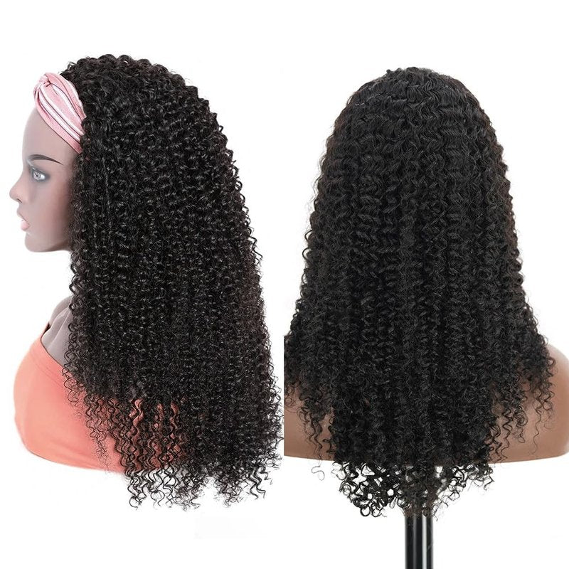 Headband Wig - Human Hair Kinky Curly 12 Inch | Glueless Brazilian Wig for Black Women, 150% Density, Natural Color