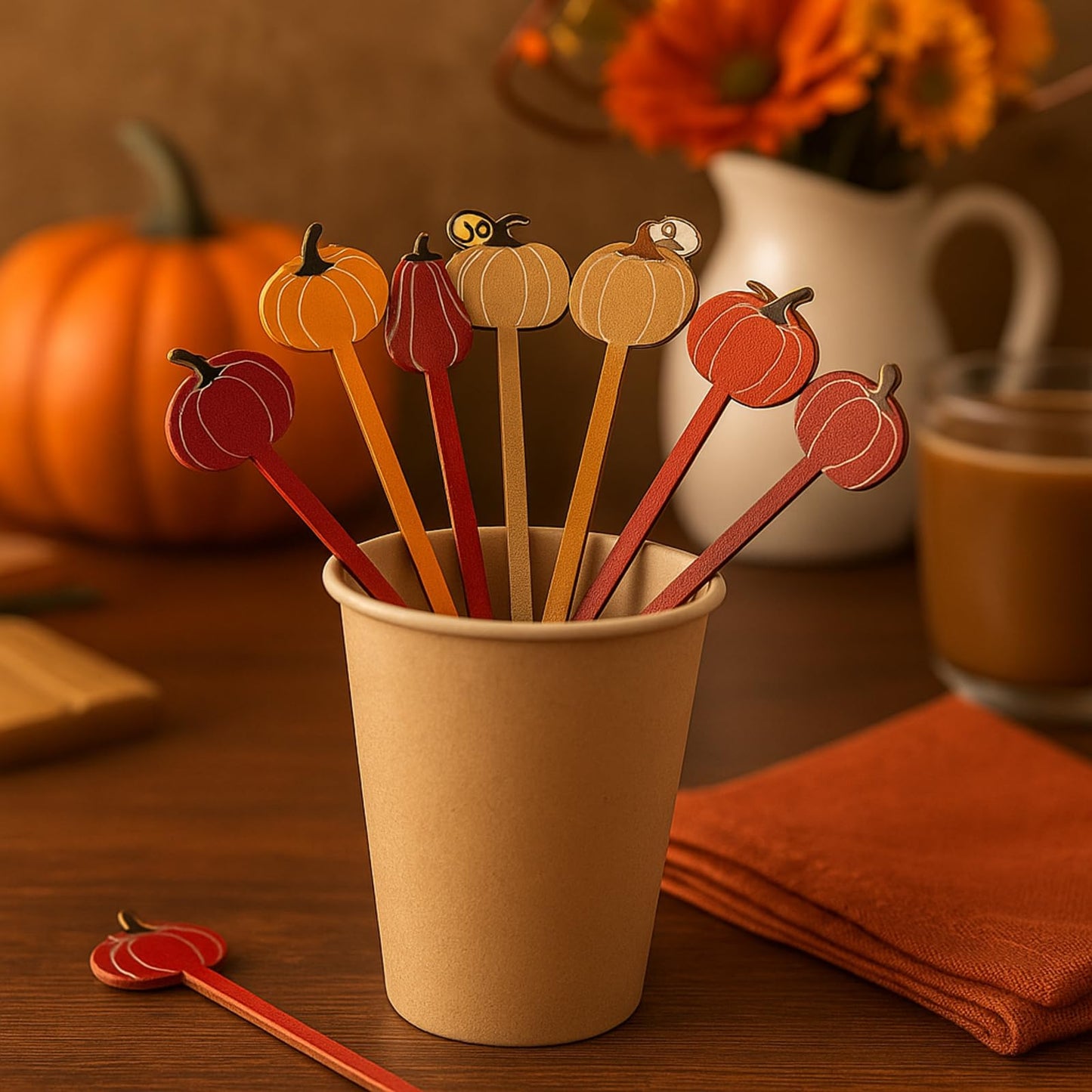 50 Pcs Pumpkin Drink Stirrers Bulk, 5.91 Inch Wooden Halloween Cocktail Picks with 5 Unique Autumn Orange Designs, Fall Party Supplies for Coffee, Beverages, Halloween Decor
