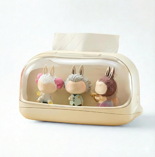 Acrylic Tissue Box with Display Case for Figurines, Dustproof Clear Tissue Holder and Storage Organizer, Compatible with POPMART Collectibles, Desk and Bedroom Decor