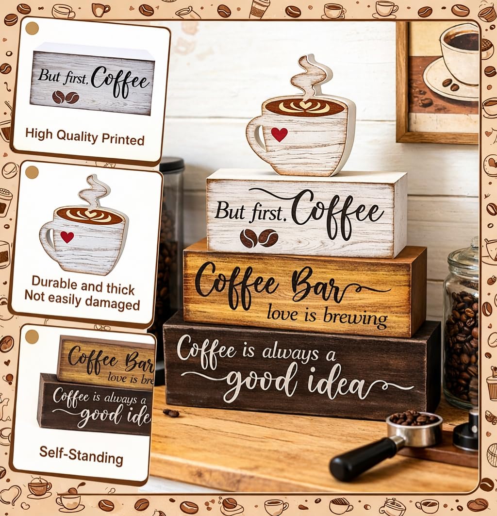 4 Pcs Wooden Coffee Bar Decorations Rustic Coffee Bar Signs for Tiered Tray Farmhouse Coffee Station Table Centerpiece Wood Bar Sign Gift Set Farmhouse Decor for Home Kitchen Tabletop