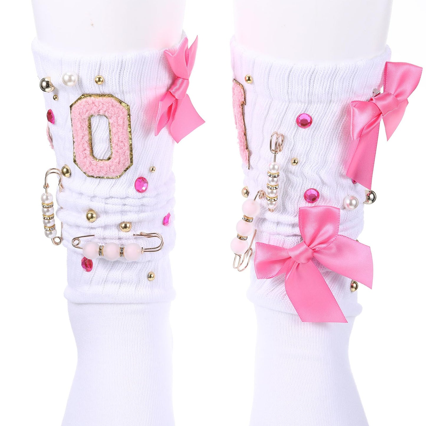 Norme 129pcs Socks Charms for Craft Night Kit 6 Pairs White Socks with Gold and Pink Charms Bulk Women Brooches and Safety Pins Pink Bow for DIY Jewelry for Craft Night Kit Gold Brooch Rhinestone