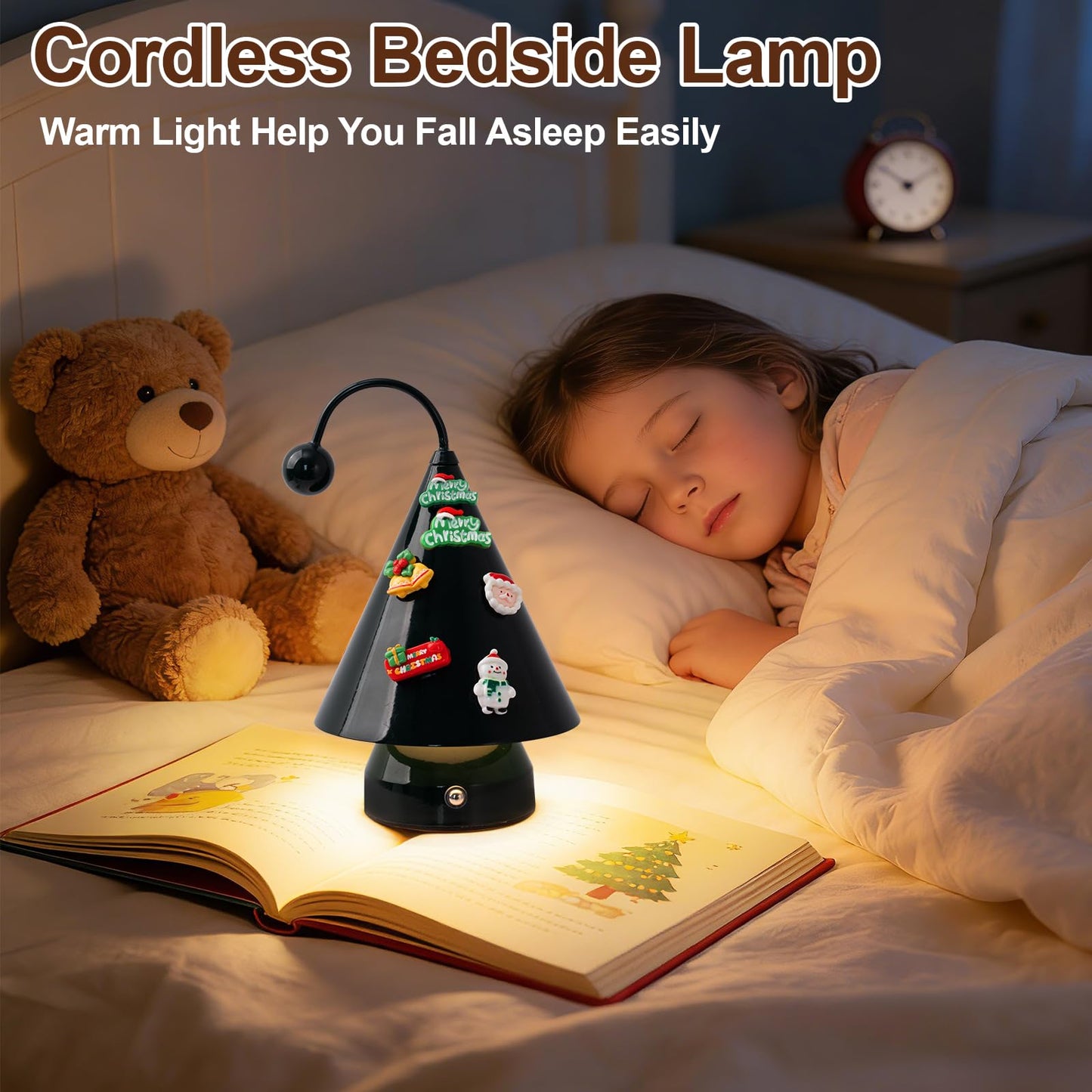 Qeipy Led Lights Cozy Home Decor Cute Christmas Tree Desk Lamp Ambient Lighting,Touch Control, Cordless Rechargeable Battery Operated,for Living Room,Bedroom,Nightstand (Black)