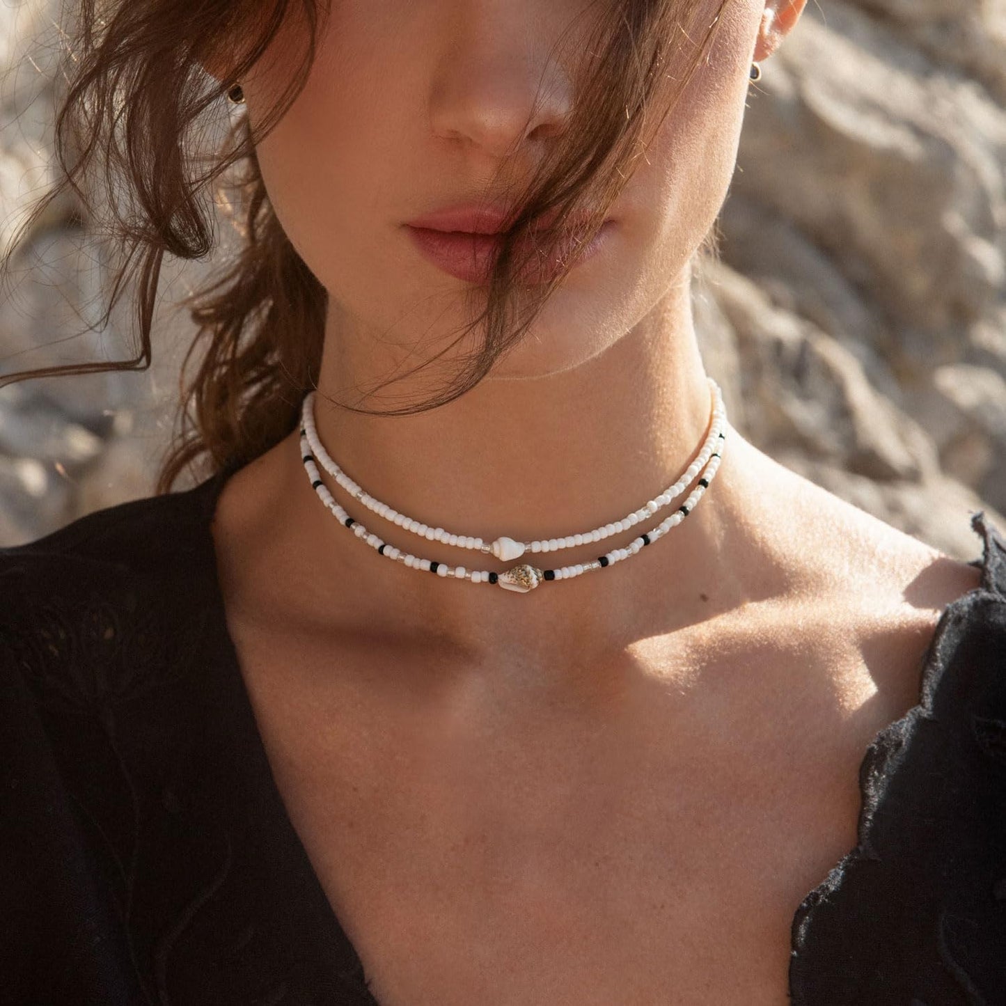 Lameybrt Cowrie Shell Surfer Necklaces, Hawaiian Beach Handmade Choker Set for Women, White Rice Bead with Black Accents, Bohemian Summer Seashell Choker 2 Piece Set, Perfect for Summer Beach Vacation, Birthday, Mother’s Day & Holiday Gifts (Shell 1)