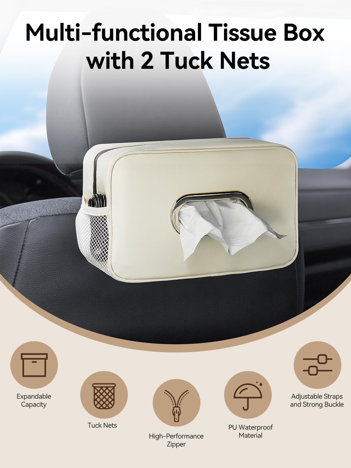 2 Pack Multi-Functional Car Tissue Holder with ‌2 Tuck Nets, Upgraded PU Leather Tissue Box Cover, Large Rectangle Napkin Storage Organizer, Keep Car Tidy, Beige