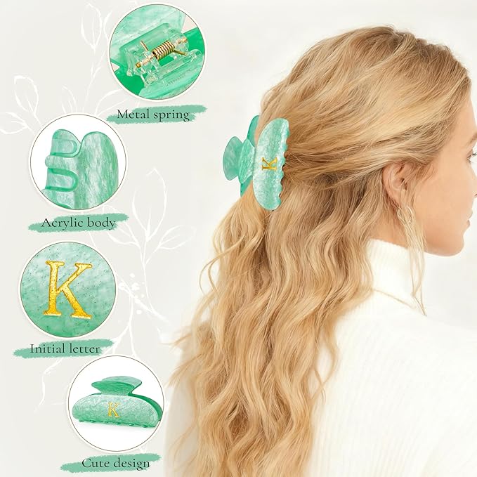 Preppy Hair Clips Hair Claws for Women Her - Personalized Cute Initial Hair Clips for Girlfriend Bridesmaid Wife Mom | Hair Claw Accessories for Friend | Birthday Gift Idea - Green,C