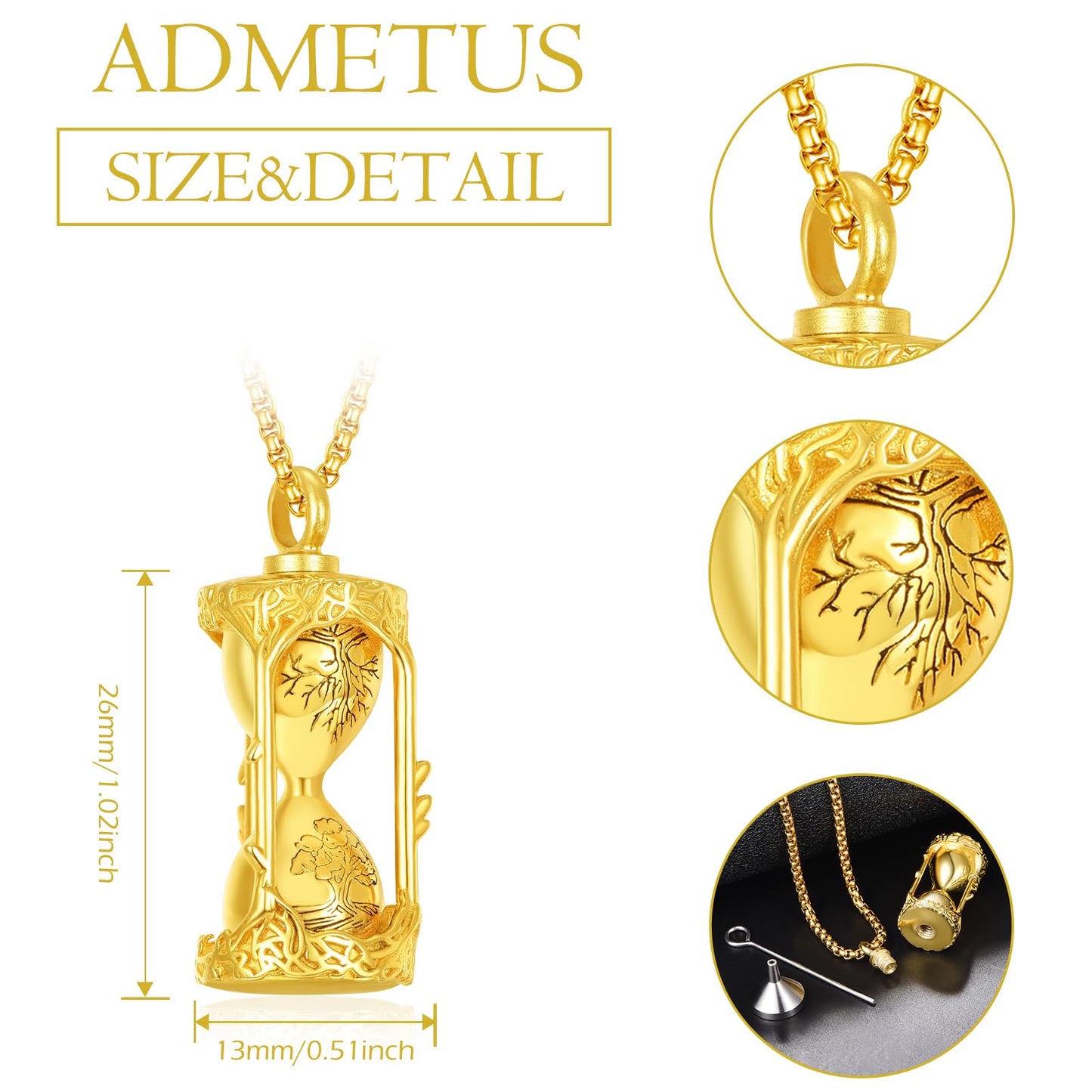 ADMETUS Tree of Life Hourglass Urn Necklaces for Ashes 24K Gold-Plated Cremation Jewelry for Ashes for Men Ash Keepsake Pendant Memorial Gifts