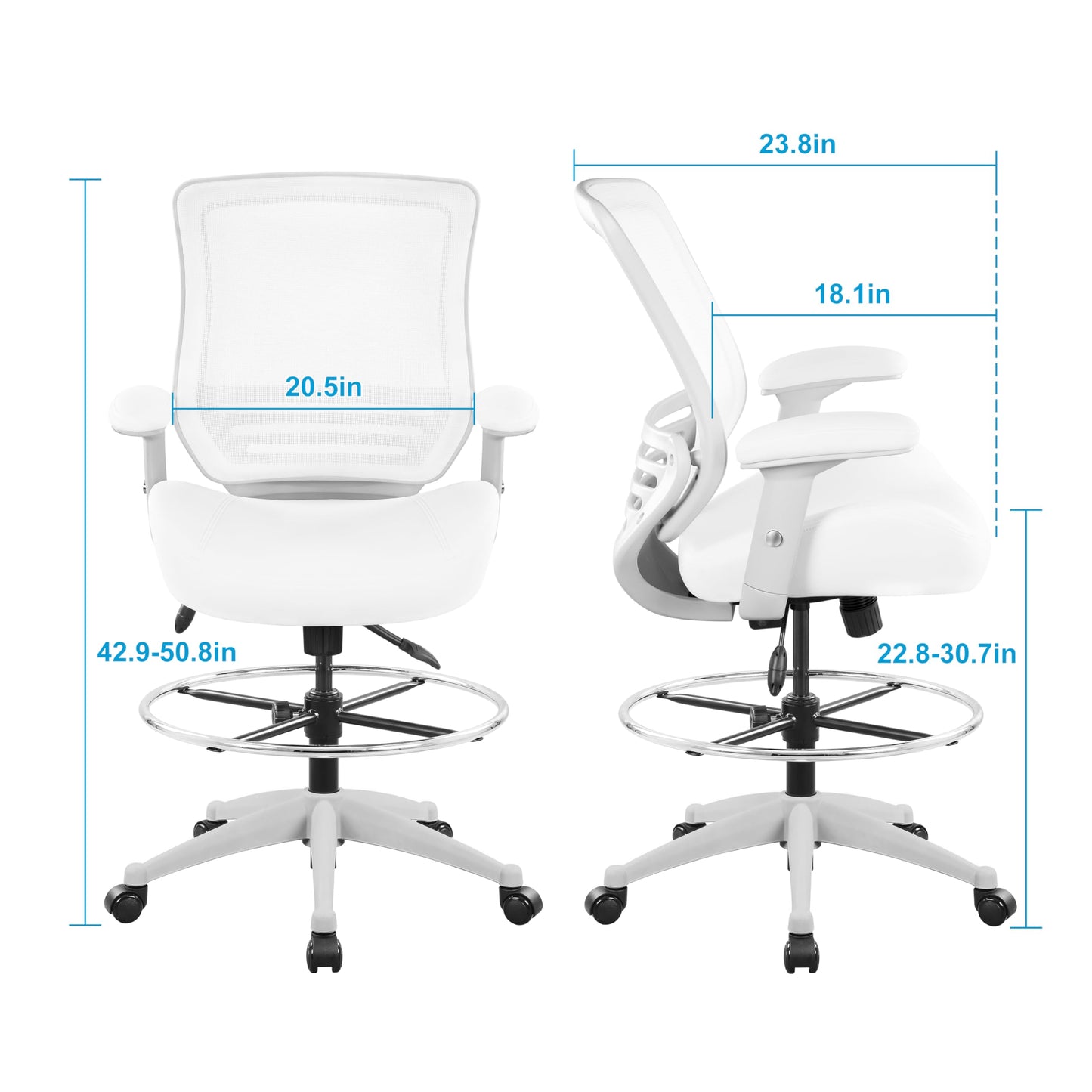 BOLISS 400lbs Mesh Ergonomic Office Drafting Chair Big Adjustable Foot Ring Height Adjustable Armrest (Wht)