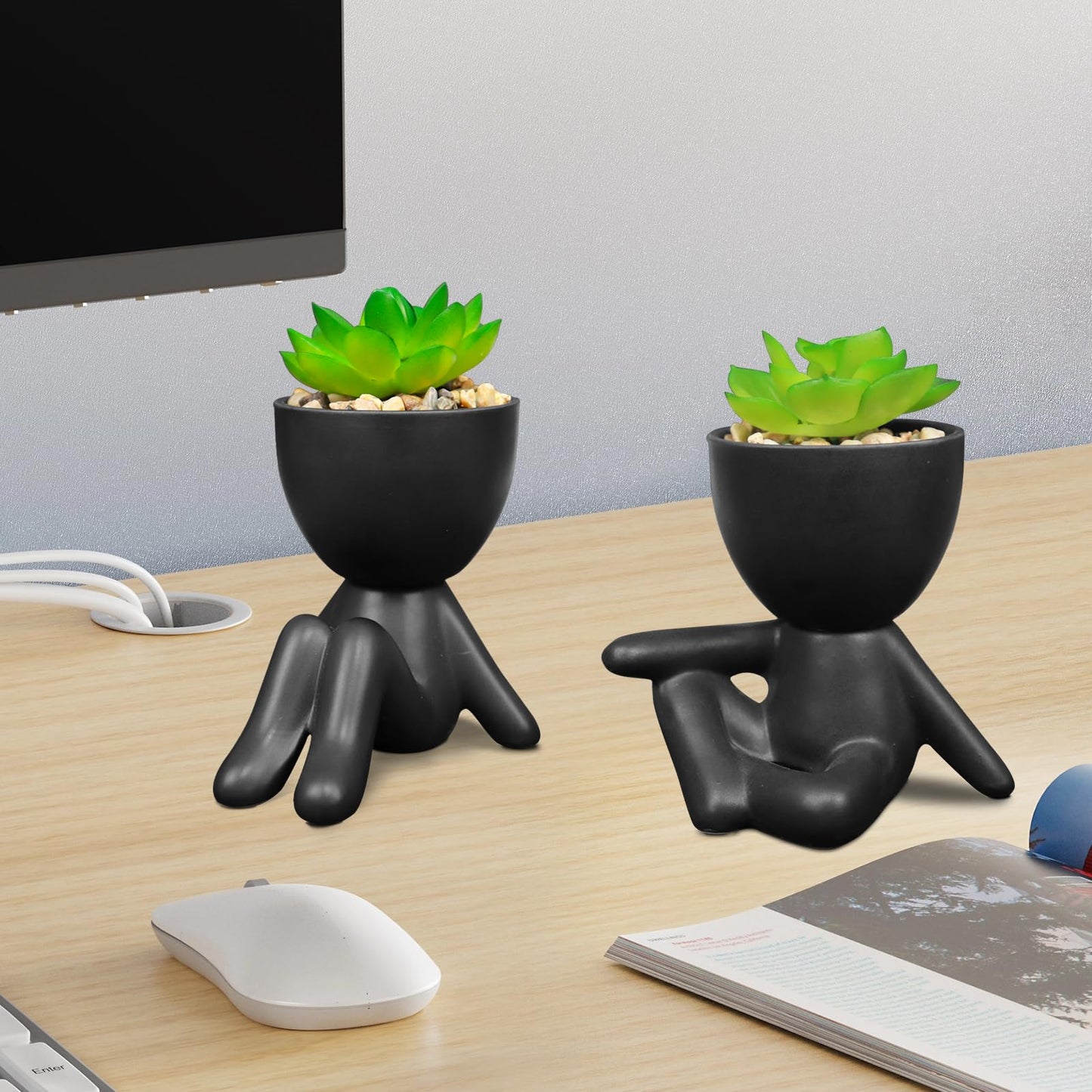 SEMSOIIO Pack of 4 Cute Artificial Succulent Plants in Human Shaped Pots, Funny Desk Decor for Office Women Men, Aesthetic Room Decor, Small Fake Plants for Shelf Bathroom Home Office Gifts (Black)