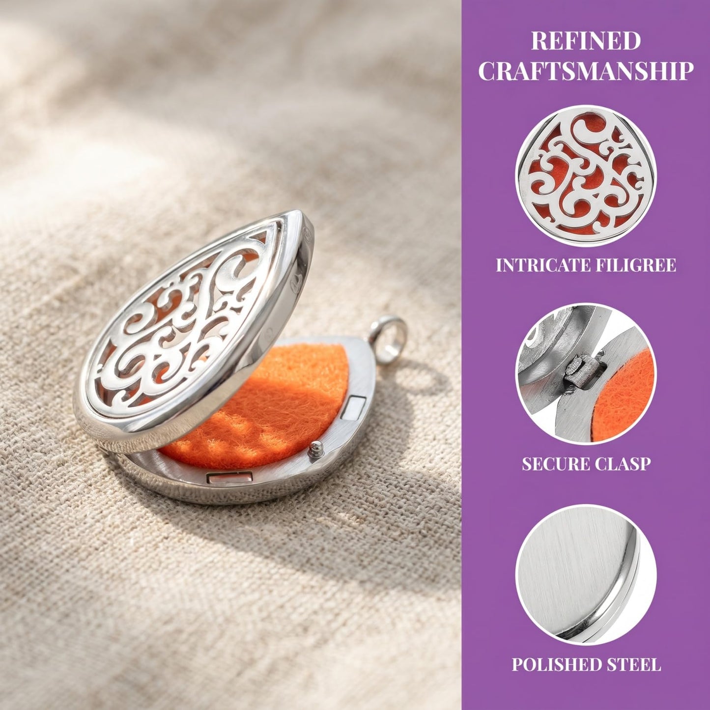 KONTONTY Hollow Out Stainless Steel Aromatherapy Pendant Necklace for Women Essential Oil Diffuser Jewelry Tear Drop Shape with Perfume Locket for Moms