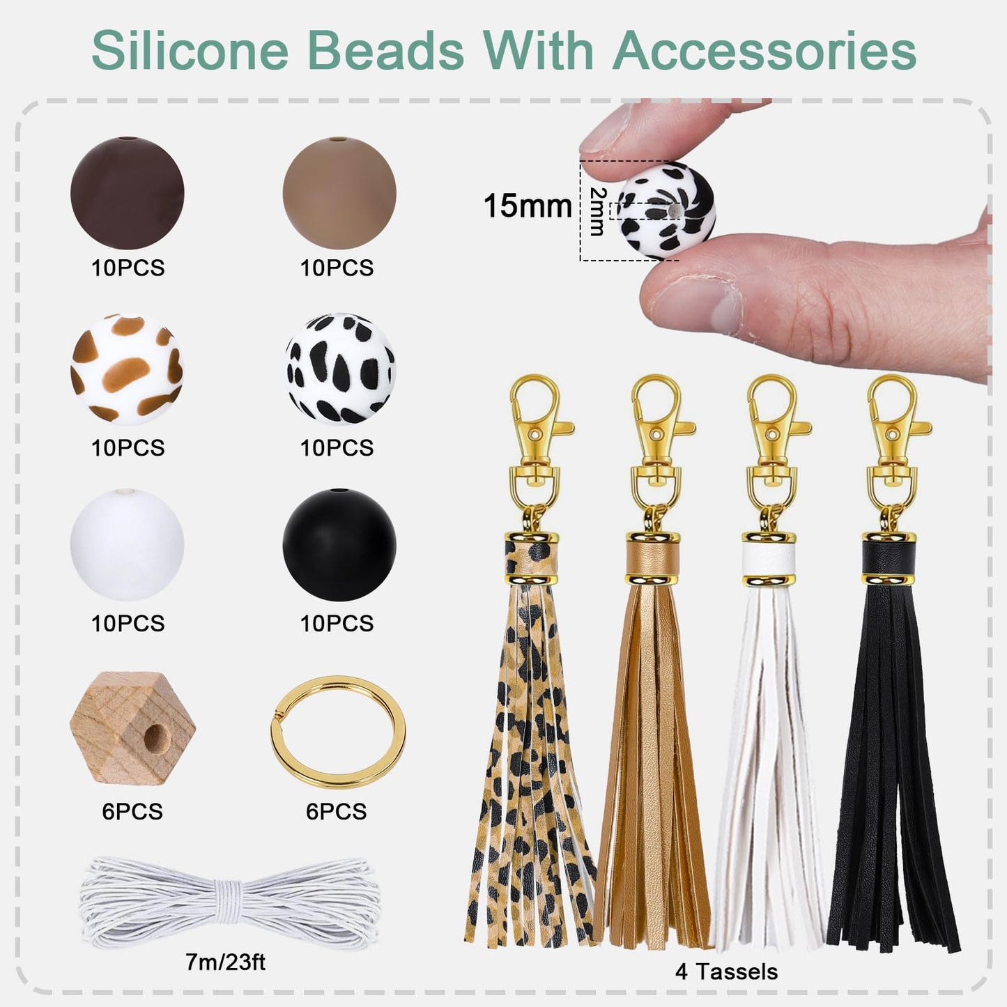 JarThenaAMCS 100Pcs Cow Print Silicone Beads Assorted Brown Black White Round Spacer Beads Keychain Making Kit with Elastic Rope Wood Key Rings and Tassels for DIY Crafts Jewelry Bracelet Pen