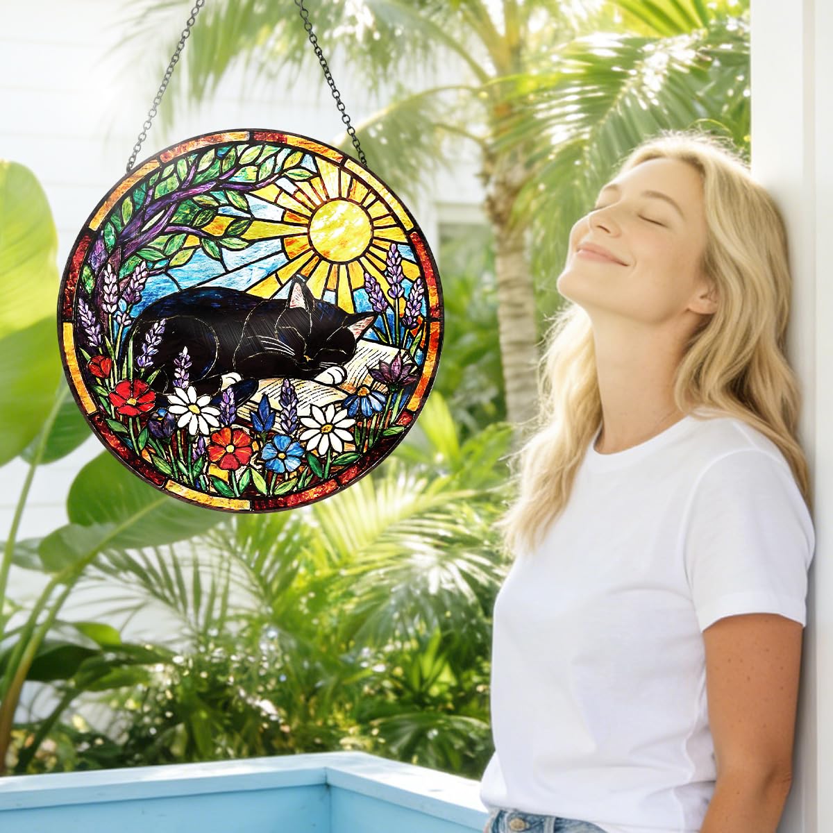 Riletese Stained Glass Window Hanging – Cat & Book Lover Gifts for Women Men, Sleeping Cat Suncatcher, Glass Ornament for Reading Room Home Garden Decor, Christmas Mother's Day Birthday Gifts, 8 Inch