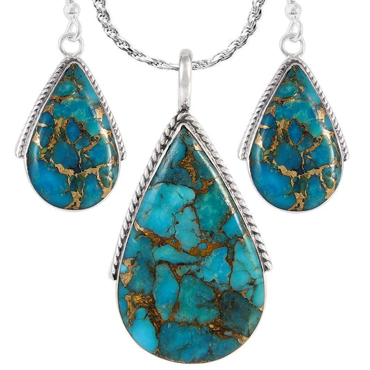 925 Sterling Silver Matching Pendant & Earrings Set with Genuine Gemstones 20" Necklace (Matrix Turquoise)