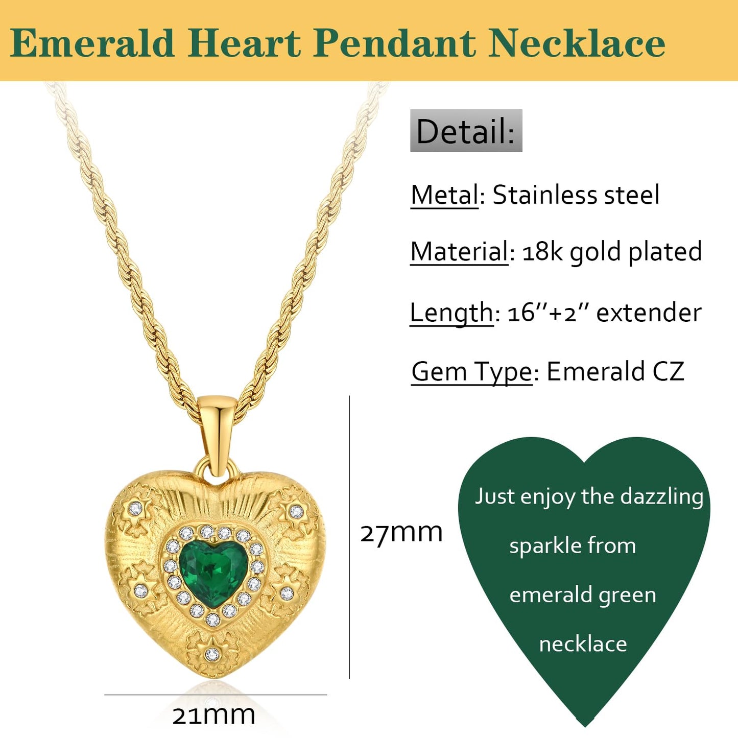 NUZON Emerald CZ Heart Pendant Necklace 18K Gold Plated Stainless Steel Love Heart Necklace Fashion Jewelry for Women Twisted Chain 16''